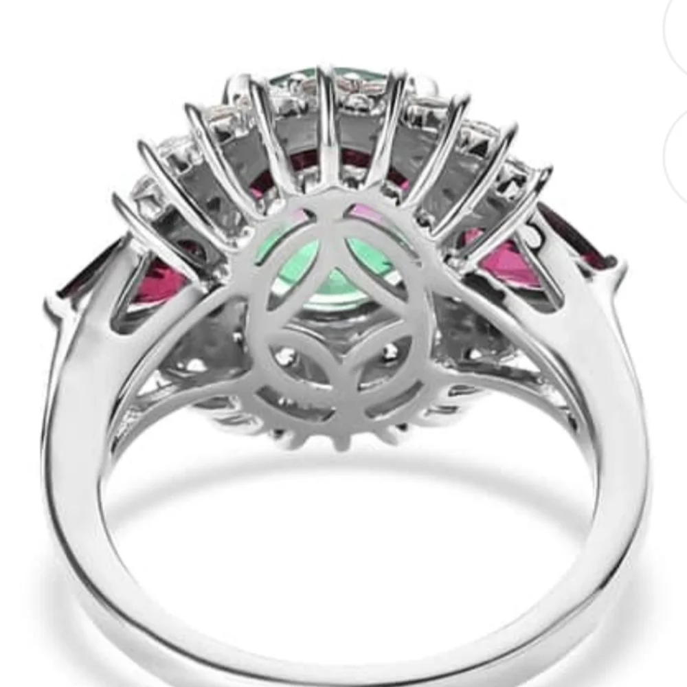 Genuine Watermelon Quartz & Multi Gemstone Ring Platinum over 925 Sz 6! - Picture 11 of 13